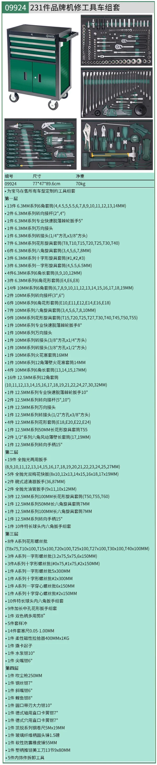(汽保)231件品牌机修工具车组套（宝马）+4抽屉2门工具车 ; 09924