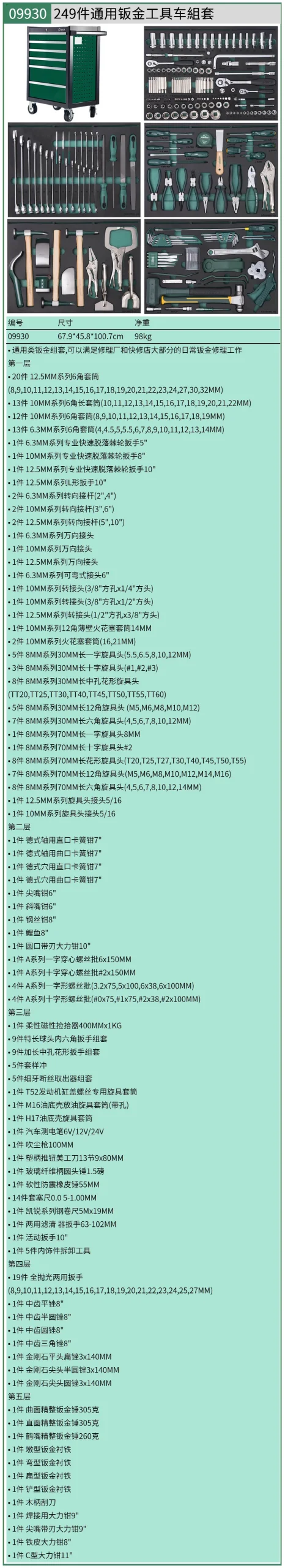 (汽保)249件通用钣金工具车组套+6抽屉工具车 ; 09930