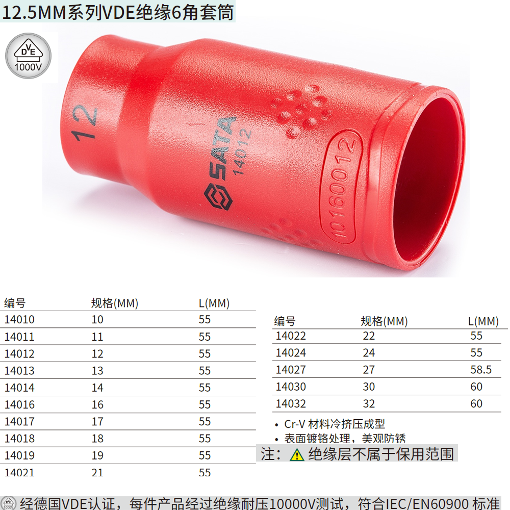 12.5MM系列VDE绝缘6角套筒17MM ; 14017