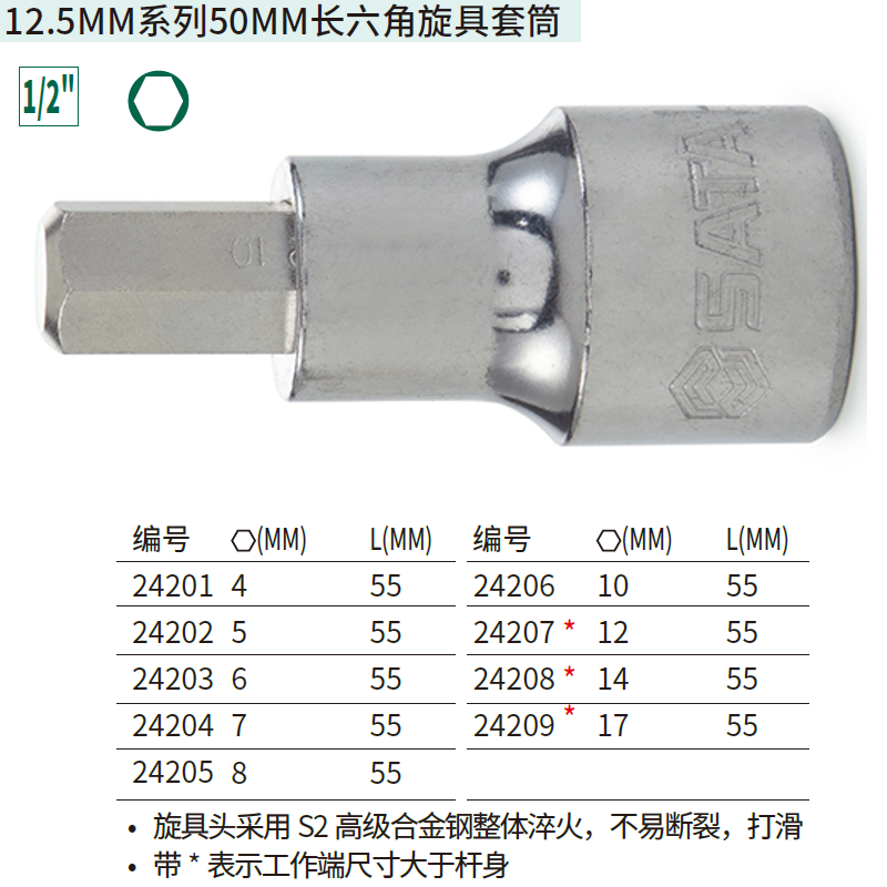 12.5MM系列50MM长六角旋具套筒17MM ; 24209