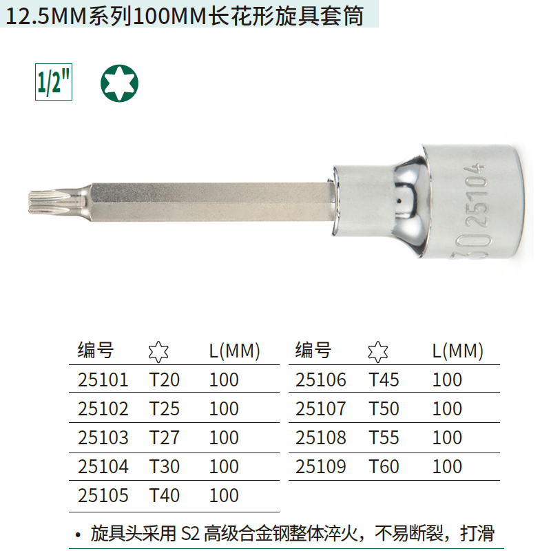 12.5MM系列100MM长花形旋具套筒T45 ; 25106