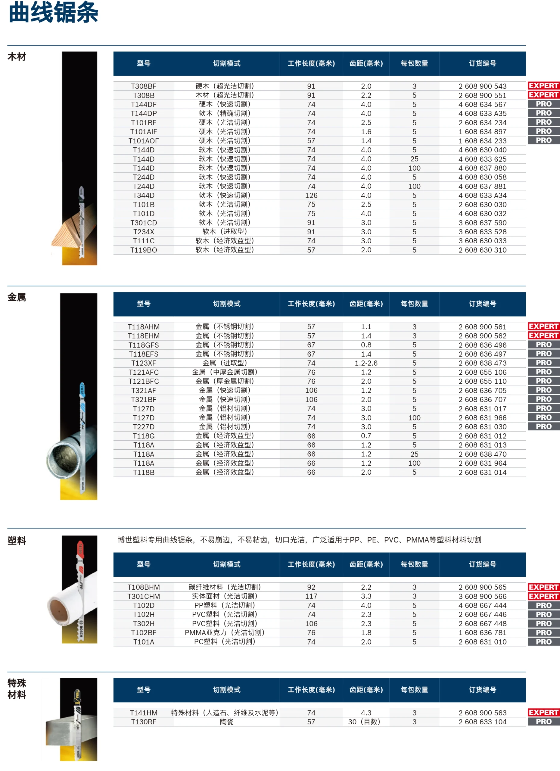 专家级 硬木切割超光洁型曲线锯条T308BF,117mm(3支装);2608900543