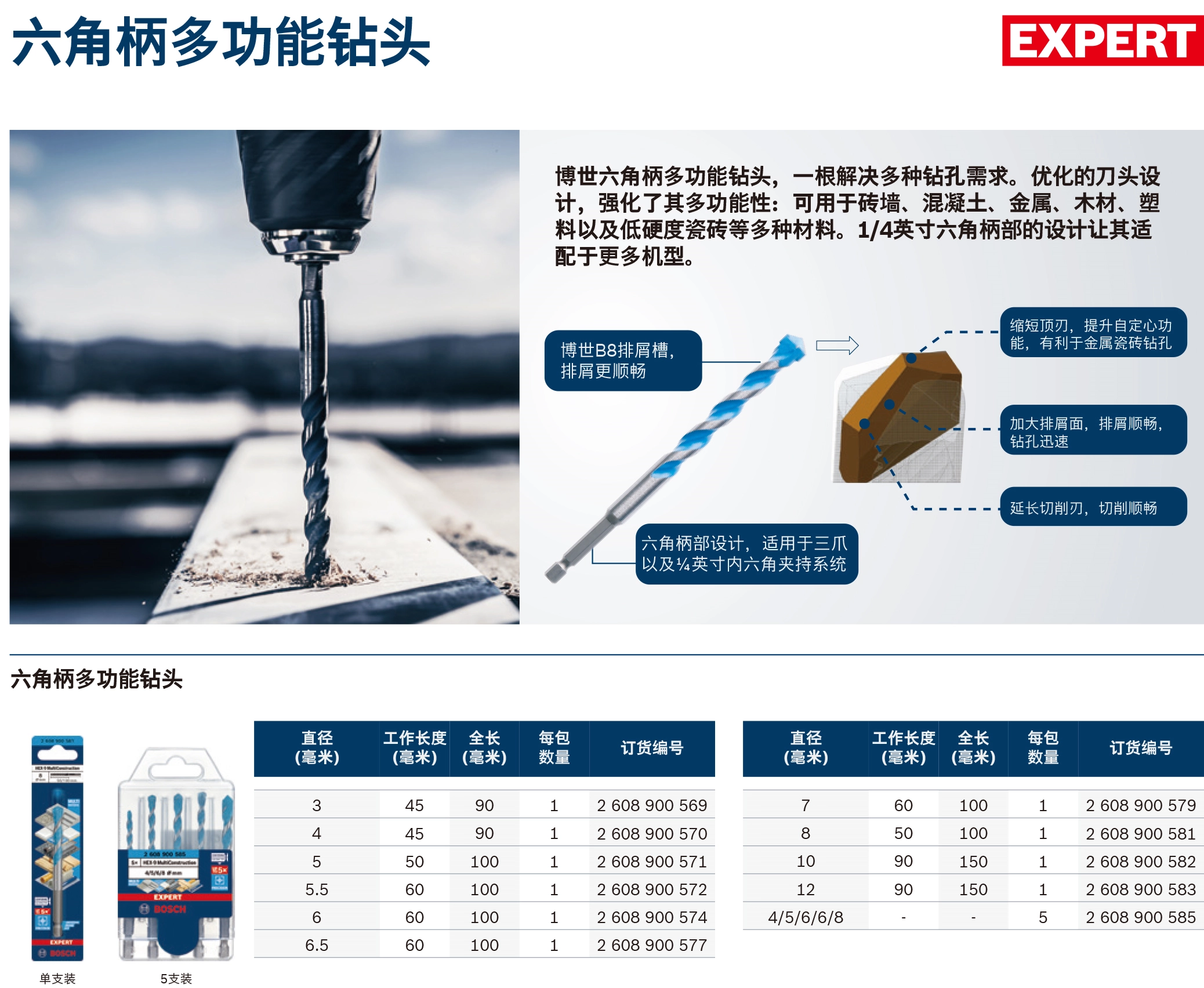 专家级六角柄多功能钻头3x45x90mm;2608900569