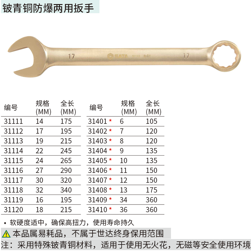 铍青铜防爆两用扳手14MM ; 31111