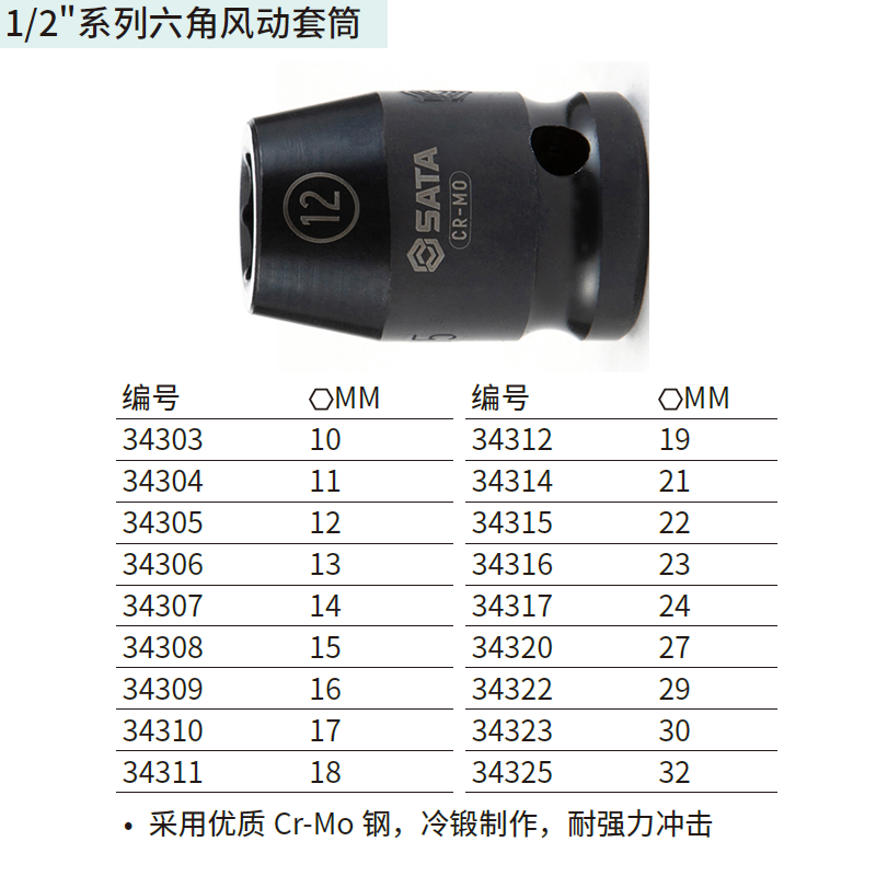 1/2"系列六角风动套筒10MM ; 34303