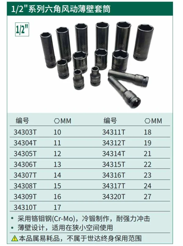 1/2"系列六角风动薄壁套筒10MM ; 34303T