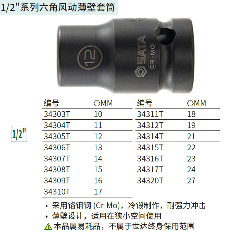 1/2"系列六角风动薄壁套筒18MM ; 34311T