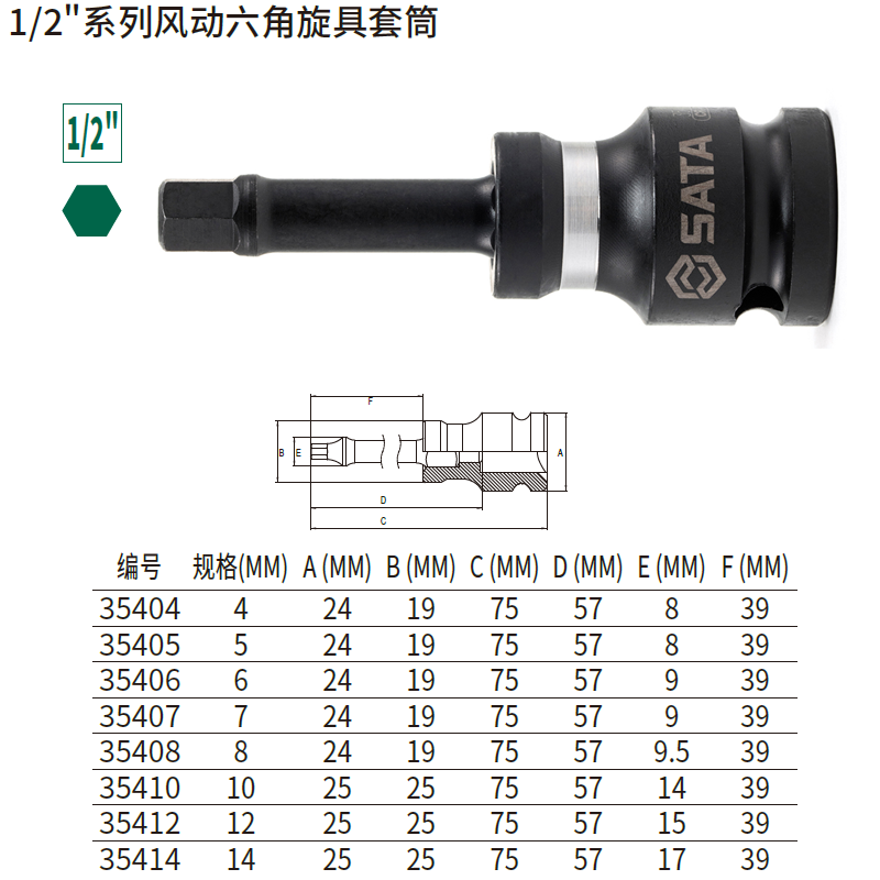 1/2"系列风动六角旋具套筒10MM ; 35410