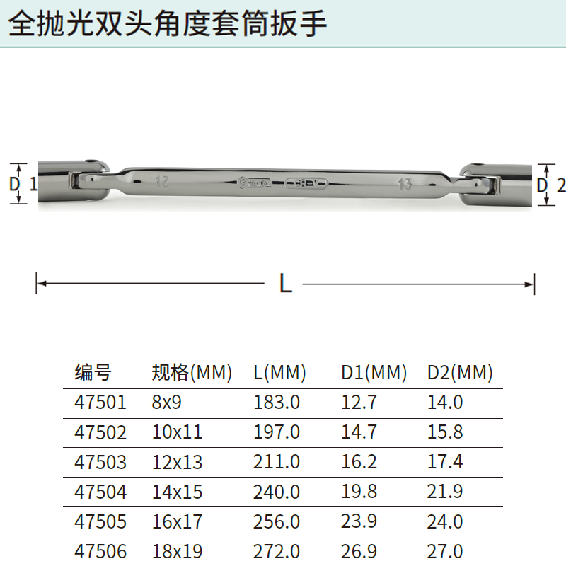 全抛光双头角度套筒扳手18x19MM ; 47506