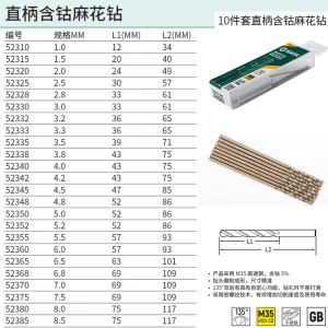 10件套直柄含钴麻花钻2.0MM ; 52320