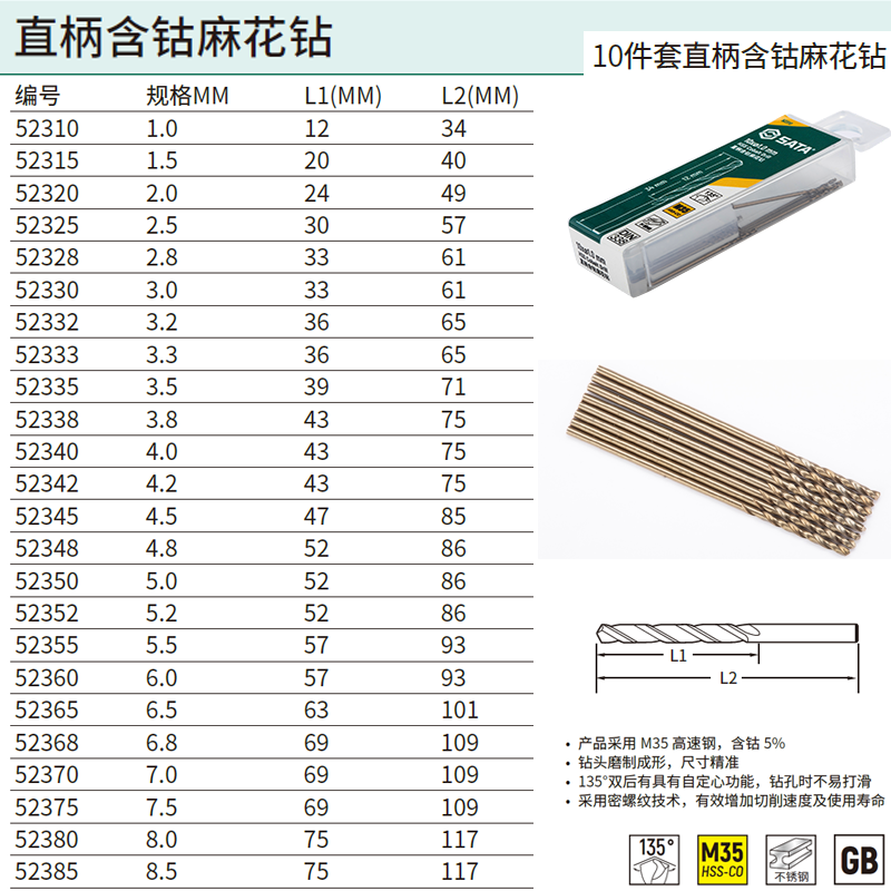 10件套直柄含钴麻花钻7.0MM ; 52370