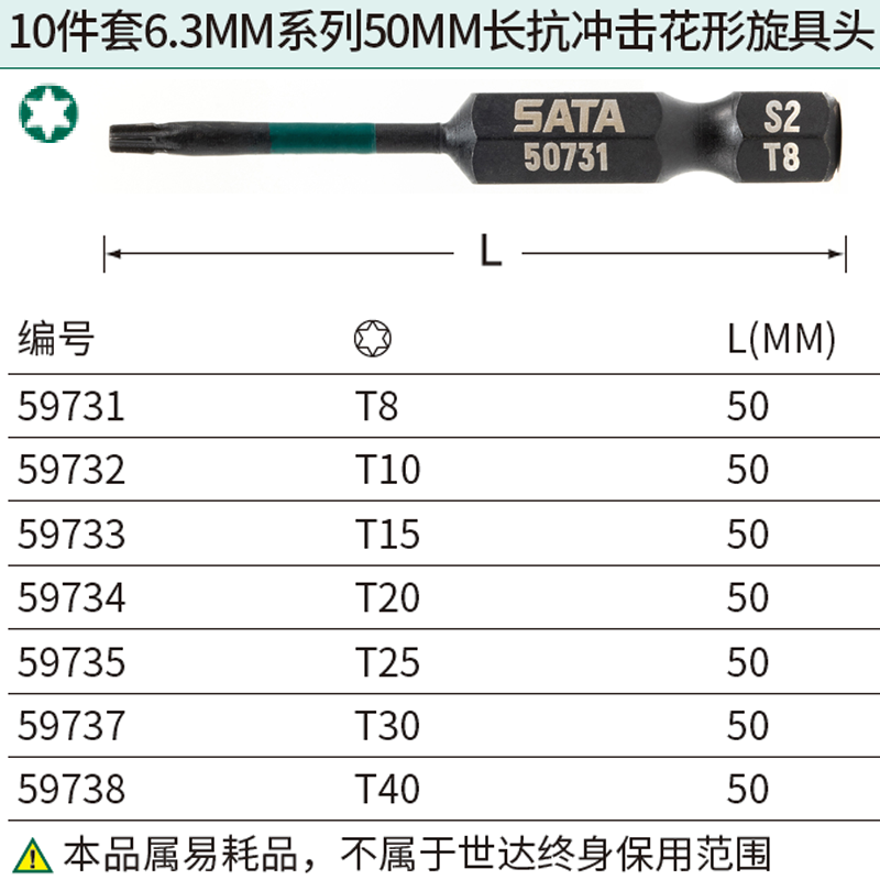 10件套6.3MM系列50MM长抗冲击花形旋具头T10 ; 59732
