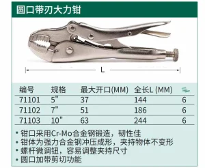 圆口带刃大力钳5" ; 71101