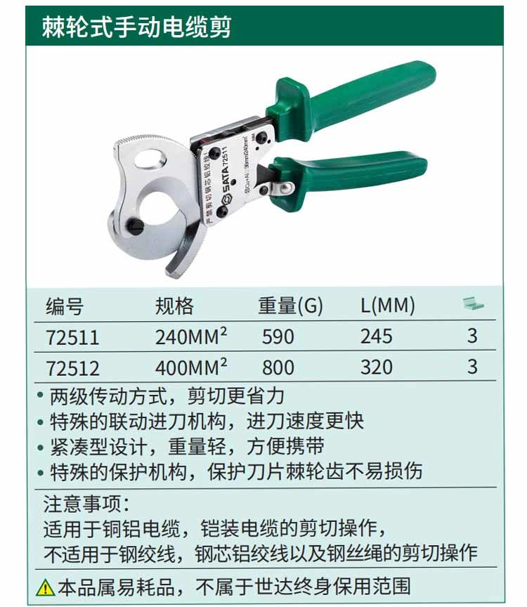 棘轮式手动电缆剪240MM² ; 72511
