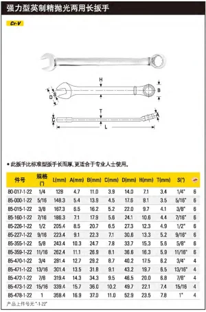 强力型英制精抛光两用长扳手1/4";80-017-1-22