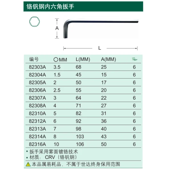 铬钒钢内六角扳手3.5MM ; 82303A