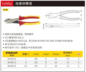 FatMax绝缘斜嘴钳7“;84-003-23
