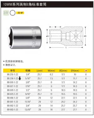 10MM系列英制6角标准套筒1/4"(将改定制化);86-255-1-22