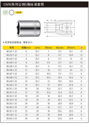 10MM系列公制6角标准套筒6mm;86-301-1-22