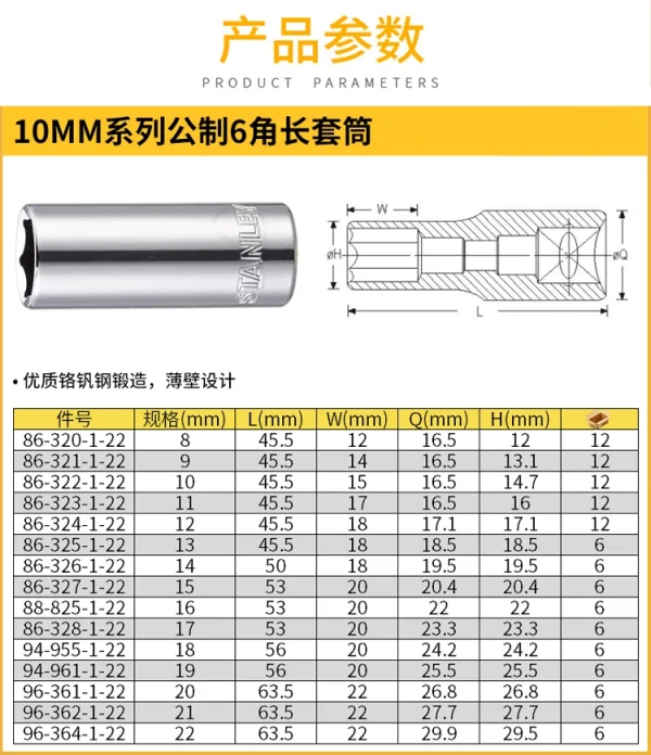 10MM系列公制6角长套筒8mm;86-320-1-22