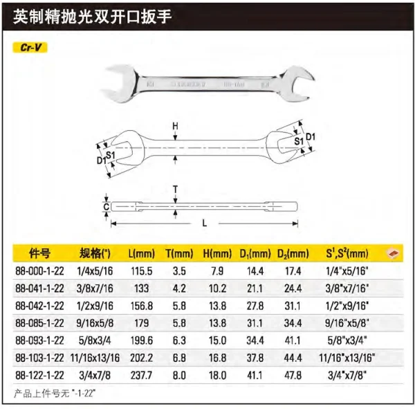 英制精抛光双开口扳手1/4"x5/16";88-000-1-22