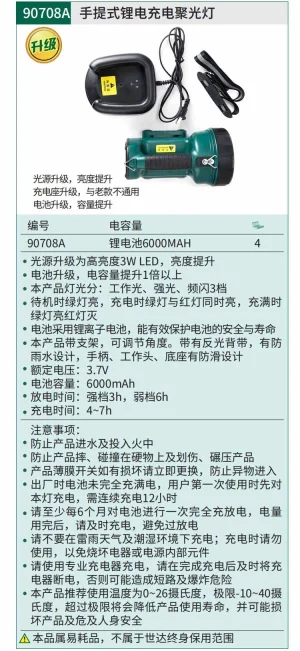 手提式锂电充电聚光灯 ; 90708A