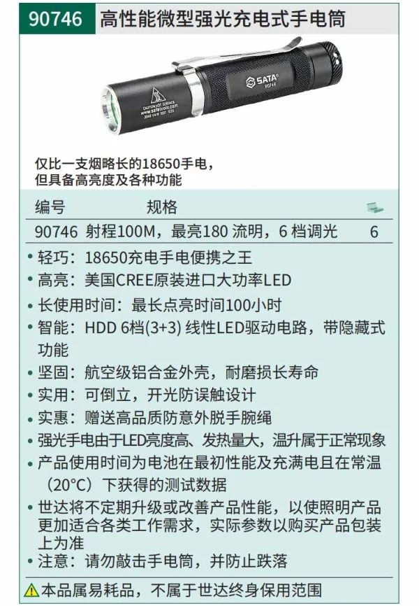高性能微型强光充电式手电筒280LM ; 90746