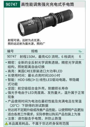 高性能调焦强光充电式手电筒480LM ; 90747
