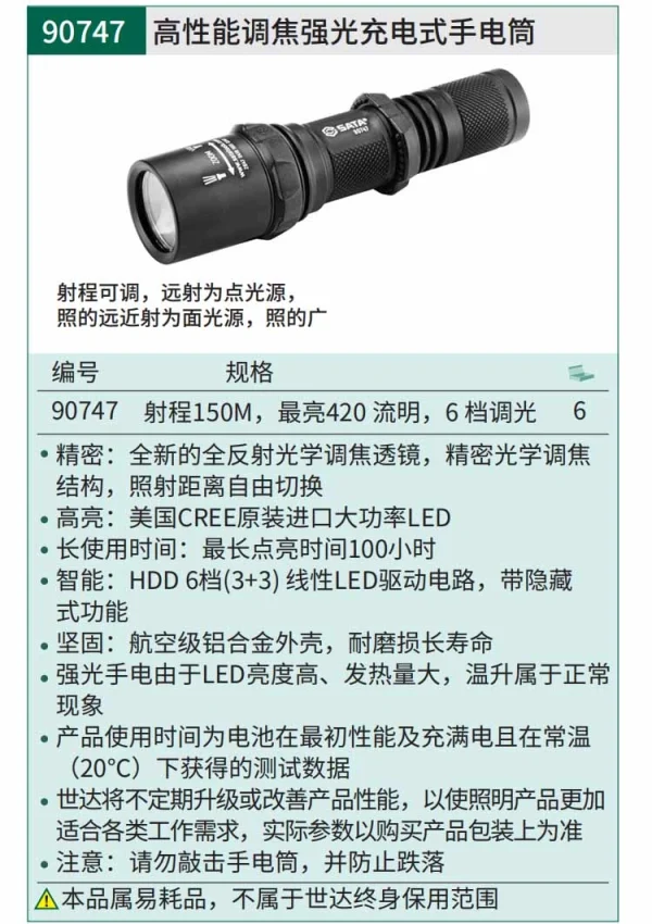 高性能调焦强光充电式手电筒480LM ; 90747