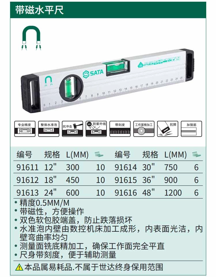 带磁水平尺300MM ; 91611