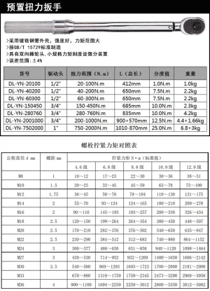 预置扭力扳手1/2寸20-100Nm(银)(把;DL-YN-20100