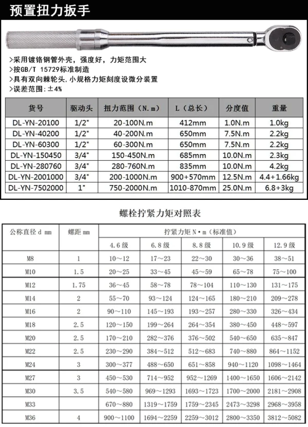 预置扭力扳手1/2寸20-100Nm(银)(把;DL-YN-20100
