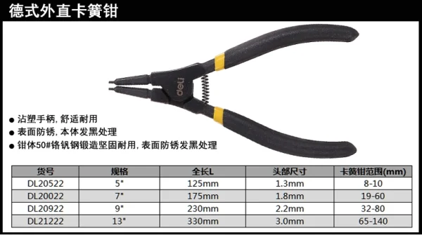 专业级德式外直卡簧钳5寸铬钒钢(红)(把);DL20522