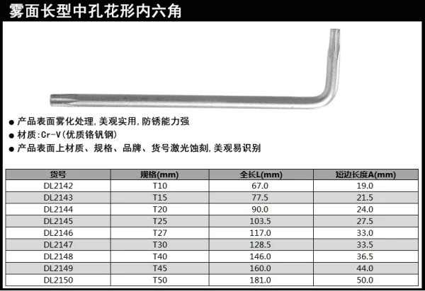 加长中孔花型内六角T10铬钒钢(银)(支)(售完取消);DL2142