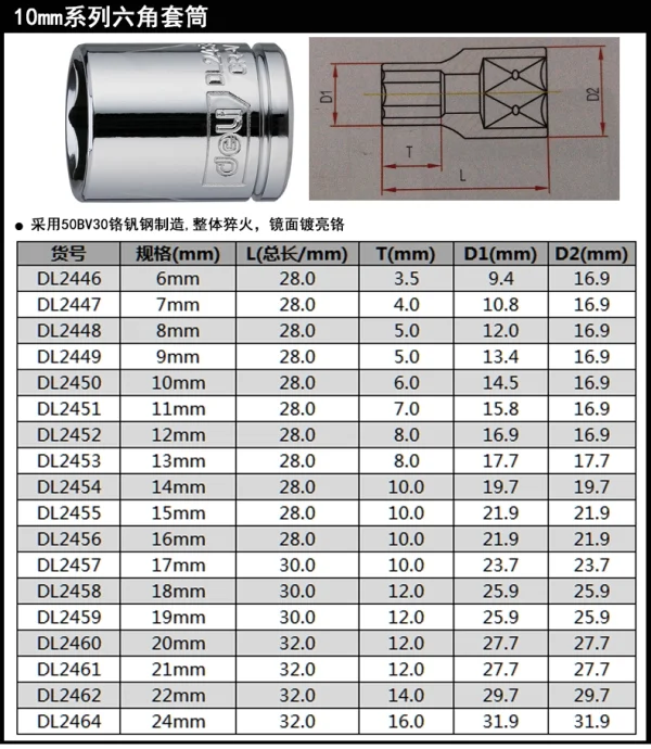 10mm系列六角套筒6mm(银)(支)(售完取消);DL2446