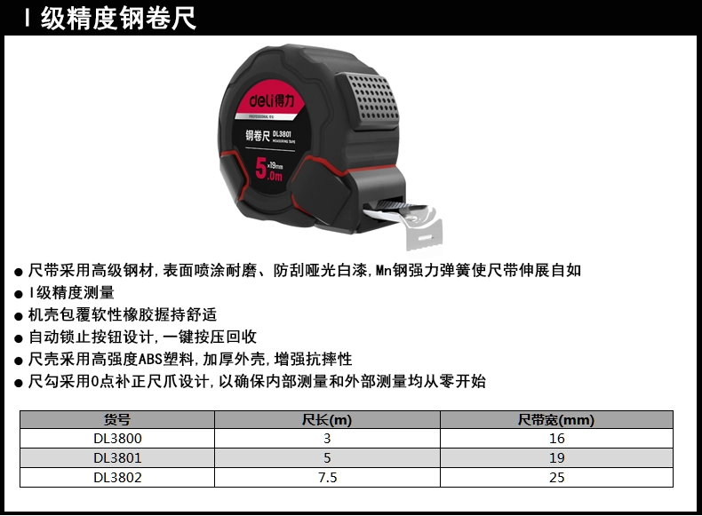 钢卷尺3mx16mm自锁尼龙覆膜Ⅰ级(红)(把);DL3800