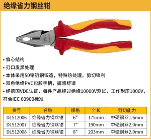 绝缘省力型钢丝钳6寸(红)(把);DL512006
