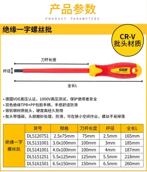 绝缘一字螺丝刀2.5x75mm(红)(支);DL5120751