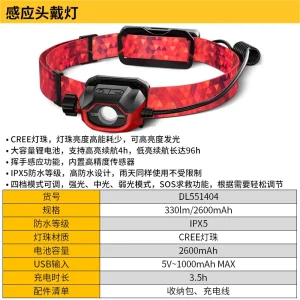 得力工具头戴灯330流明2600mAh感应cree灯珠(红)(个;DL551404