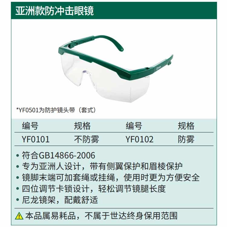 (PPE渠道)亚洲款防冲击眼镜(不防雾) ; YF0101