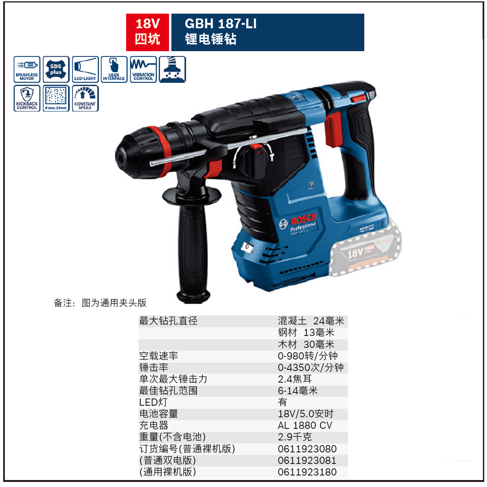 GBH 187 basic solo四坑锂电锤钻;0611923080