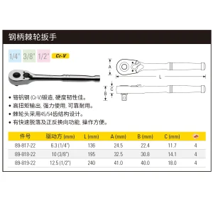 10MM系列钢柄棘轮扳手;89-818-22