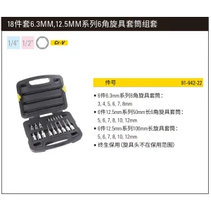 18件套6.3MM,12.5MM系列6角旋具套筒组套;91-942-22