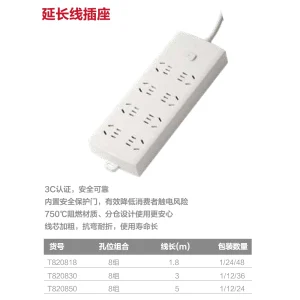 延长线插座8组1.8米PE袋装(白)(个);T820818