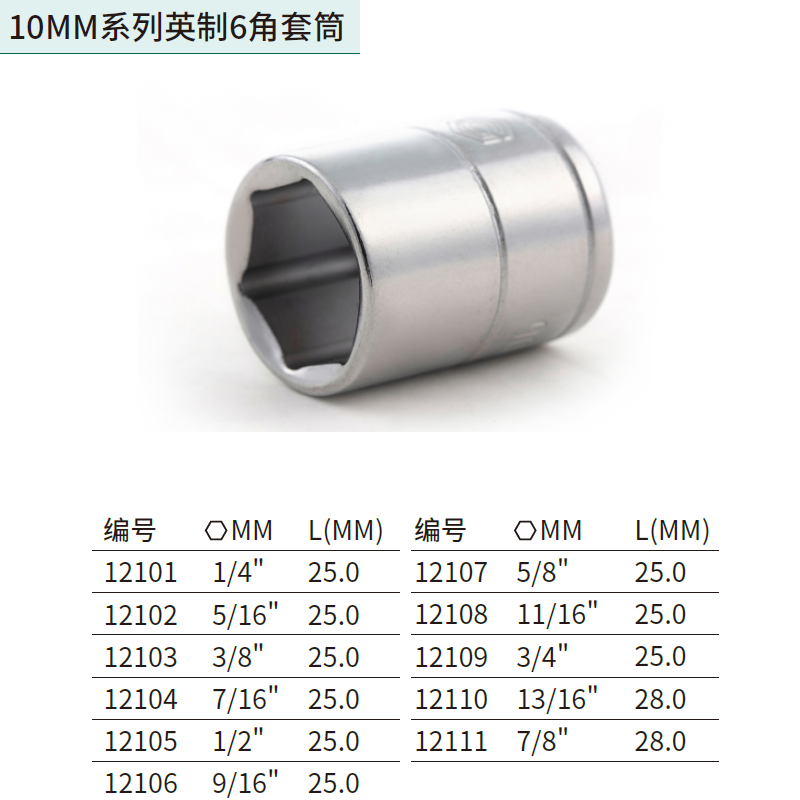 [12101] 10MM系列英制6角套筒1/4″
