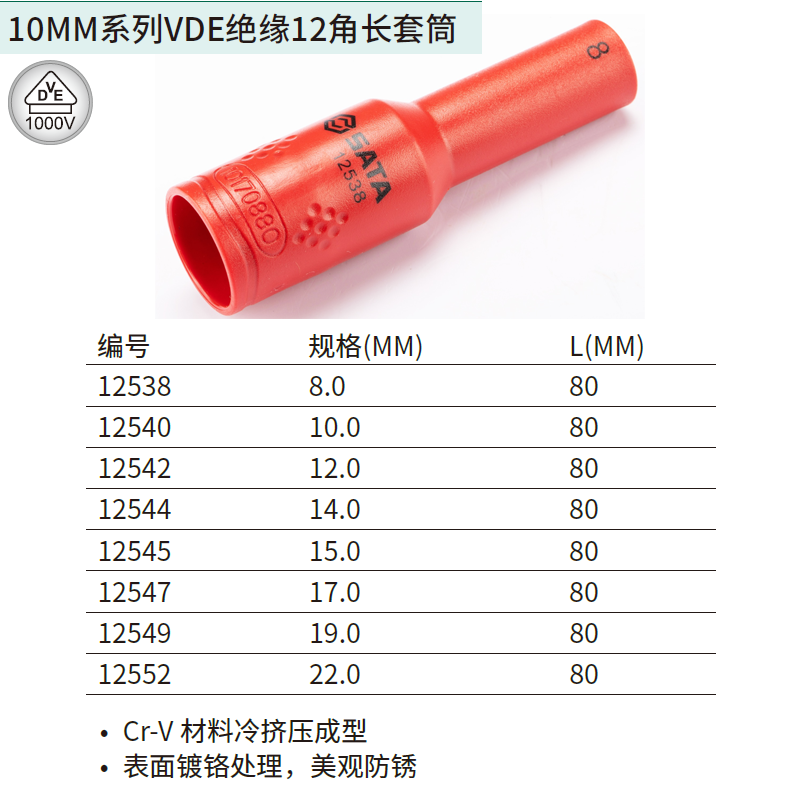 [12552] 10MM系列VDE绝缘12角长套筒22MM