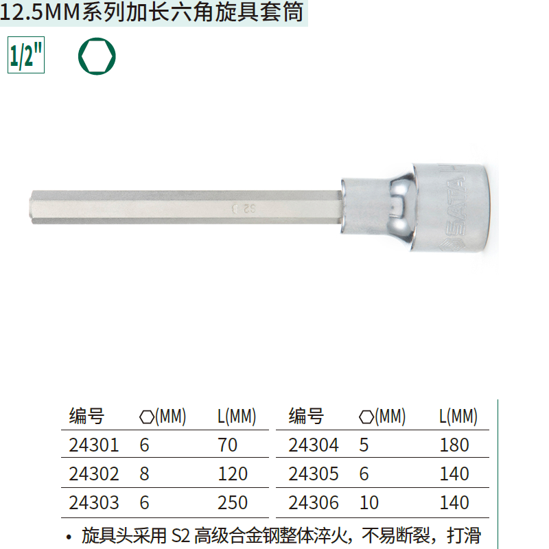 [24305] 12.5MM系列140MM长六角旋具套筒6MM