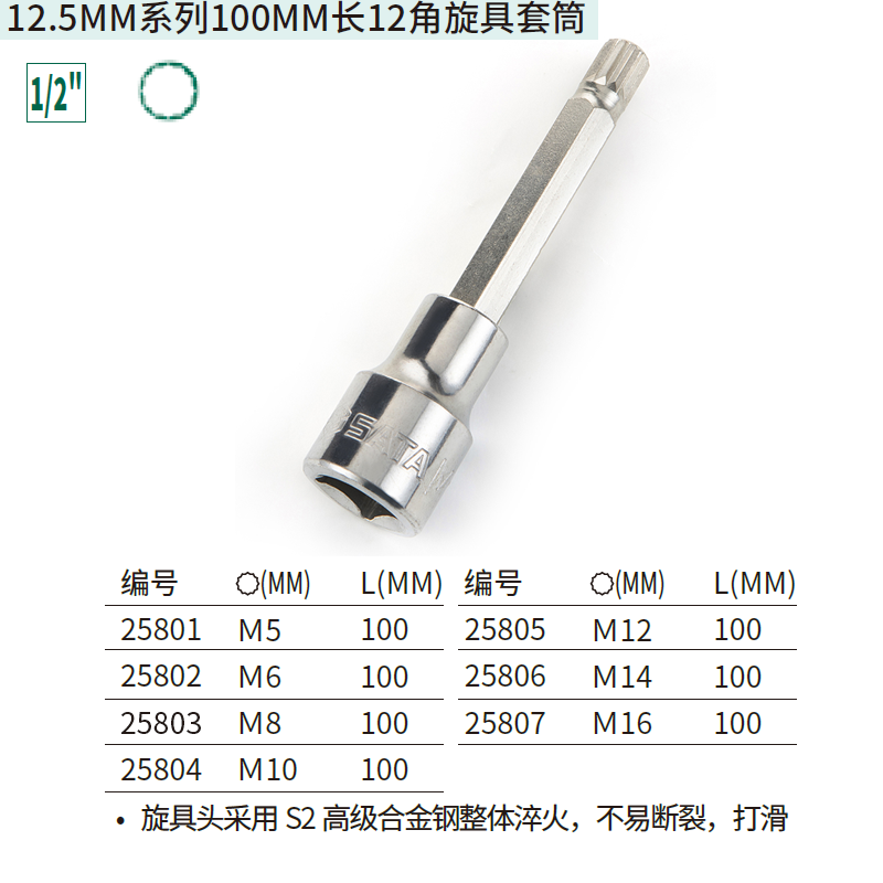 [25801] 12.5MM系列100MM长12角旋具套筒M5