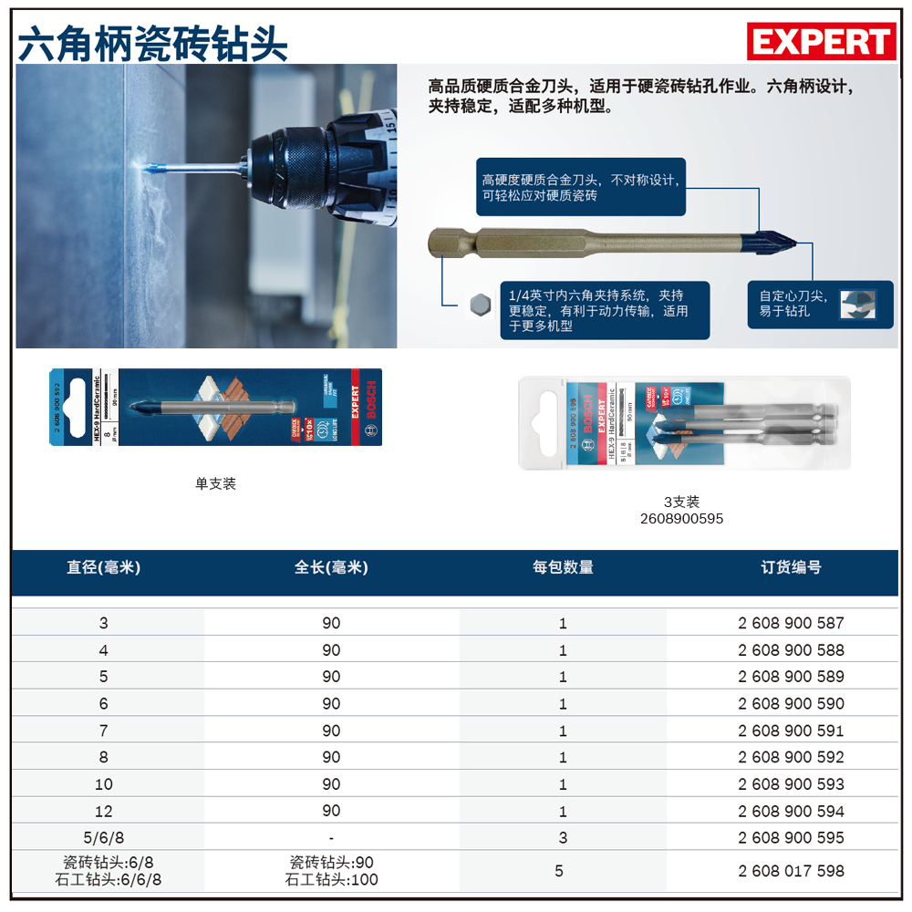 [2608900588] 专家级六角柄瓷砖钻头 4X90mm