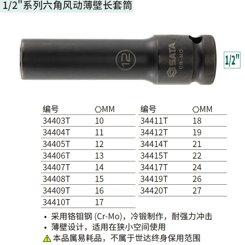 [34407T] 1/2″系列六角风动薄壁长套筒14MM